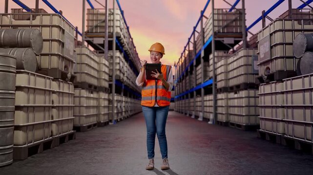 Full Body Of Asian Female Engineer With Safety Helmet Taking Note On The Tablet And Looking Around While Standing at Warehouse with Containers and Barrels