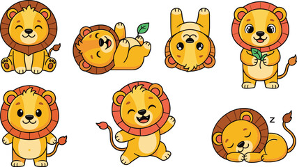 Cute lion characters in playful poses including sleeping, sitting, and smiling, adorable cartoon safari animals in flat vector illustration set © MdAbuSayed