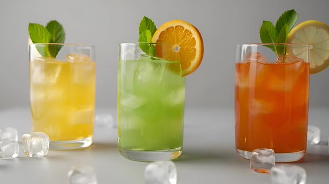 Three glasses of colorful drinks with ice and fruit slices on a table
