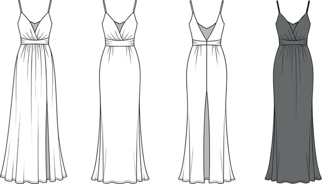 Technical fashion flat sketch of elegant evening gown with pleated surplice bodice spaghetti straps high slit and floor length skirt
