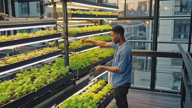 Agricultural Technician Inspecting Young Lettuce Seedlings in a Vertical Hydroponic Farm Growing System.