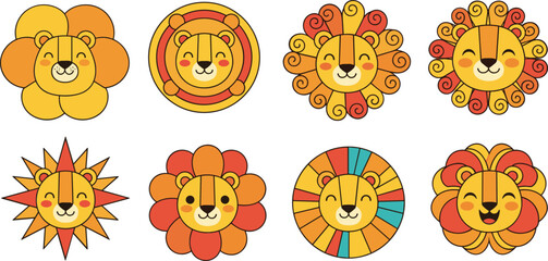 Cute lion face collection with decorative mane styles in colorful cartoon flat vector illustration for kids design and nursery use © MdAbuSayed