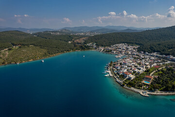 Fototapeta premium Aerial view of Güvercinlik neighborhood in Bodrum, Mugla, Turkey, March 23, 2026.