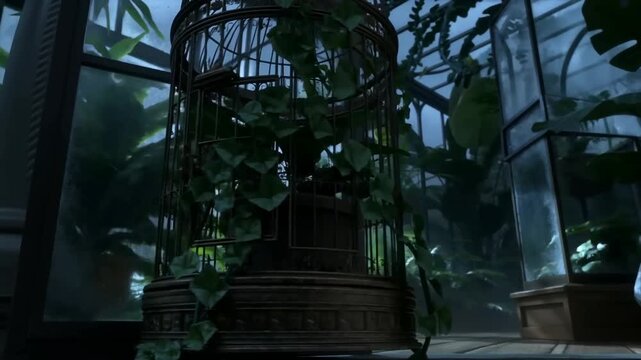Rainy evening lush vintage greenhouse interior filled with tropical foliage and birdcage
