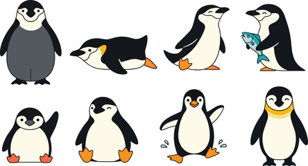 Cute penguin collection in various poses with fish, walking and standing characters, adorable cartoon arctic animals flat vector illustration set © MdAbuSayed