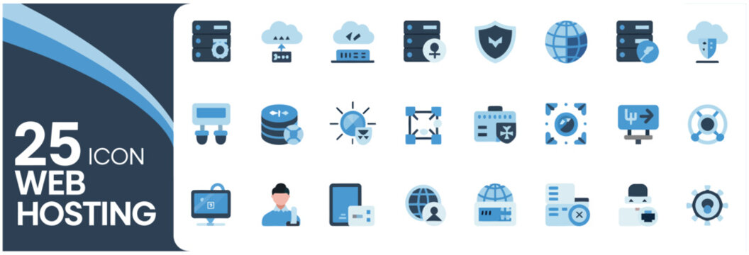 Collection of 25 modern flat icons for web hosting services and cloud computing technology.