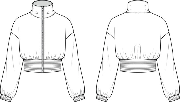 Womens Cropped Zip Up Bomber Jacket Fashion Technical Sketch Vector Illustration Front and Back View Blank Mockup Template for Apparel Design