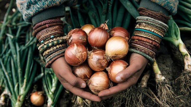 Hands of a South Asian woman adorned with colorful bangles hold a cluster of freshly harvested onions above a patch of green onion plants in a rural setting