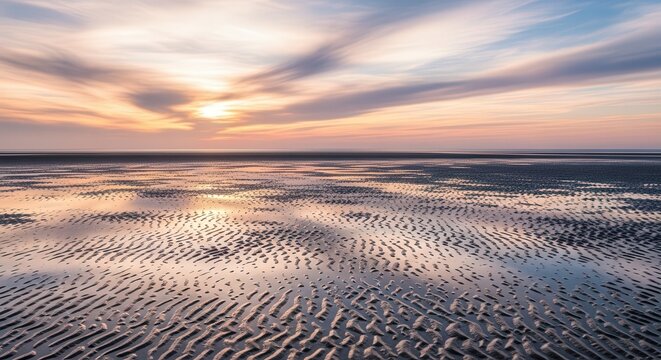 Serene Sunset Over Tidal Flat with Reflective Water and Sky