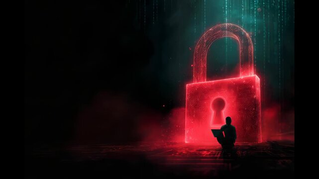 Individual seated in front of a large glowing digital padlock, illuminated by blue and red lights, with binary code cascading in the background, creating a high-tech atmosphere