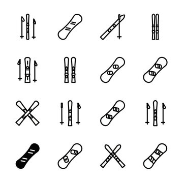Set of minimalist line art icons representing winter sports equipment including various styles of skis, snowboards, and ski poles.