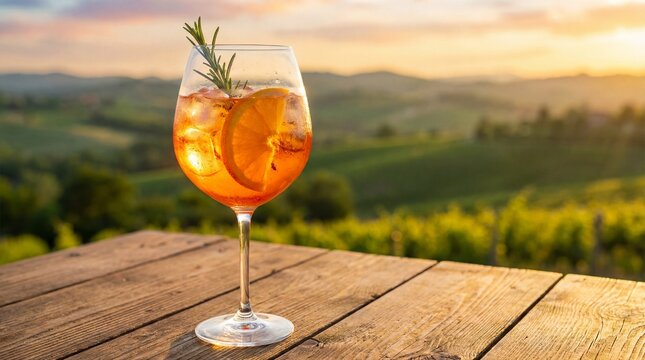 Refreshing Orange Aperitif Cocktail with Rosemary Garnish on Rustic Wooden Table Overlooking Tuscan Hills at Sunset Golden Hour