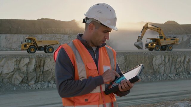 Mining Foreman Using Tablet in Open Pit Quarry - Inspection and Data Collection for Resource Extraction and Operations