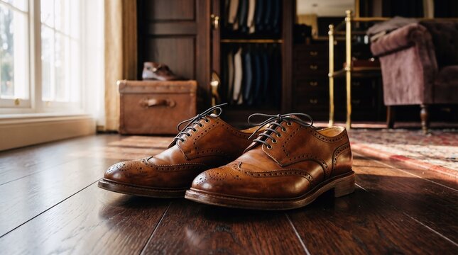 Pair of classic brown leather brogue shoes on wooden floor