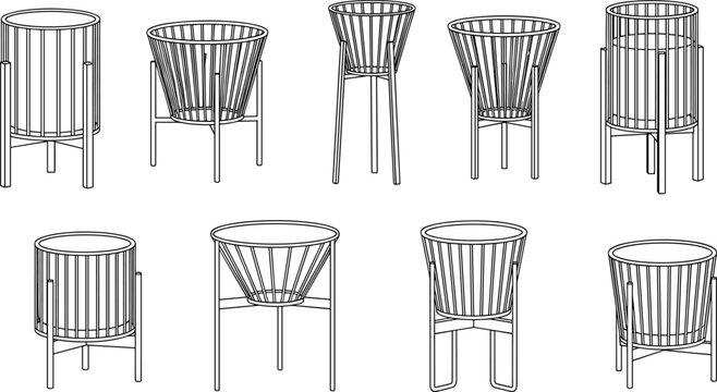 Vector container illustration featuring eight cylindrical and conical basket designs with structural frames