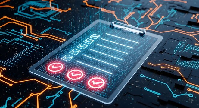 Futuristic digital checklist on a glowing circuit board, representing advanced data verification, cybersecurity compliance, and streamlined technological process management