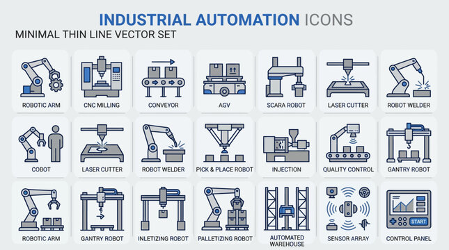 Minimal Thin Line Vector Set of Industrial Automation Icons for Smart Factory Processes