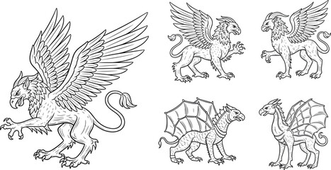 Fototapeta premium A set of mythical creatures including griffins and dragons in various poses
