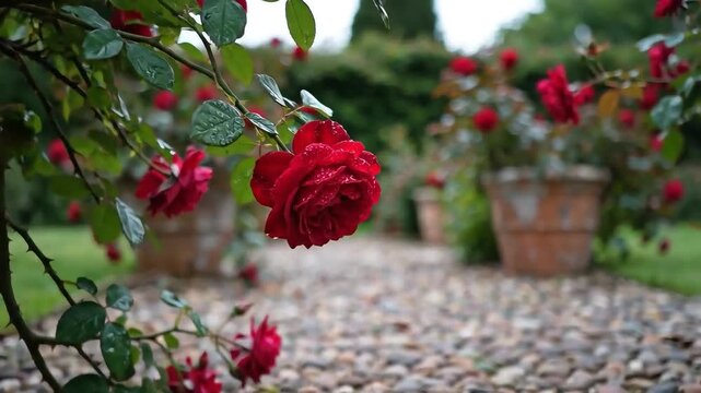 Slow push along pebble garden path lined with potted rose blooms