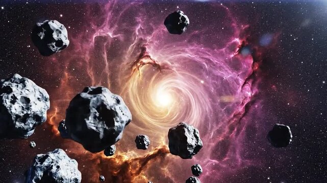 Rocky asteroids drifting through spiral nebula and distant starfield