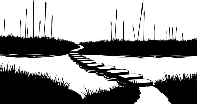 Black and white vector landscape, serene waterway path, grassy banks, cattail silhouettes