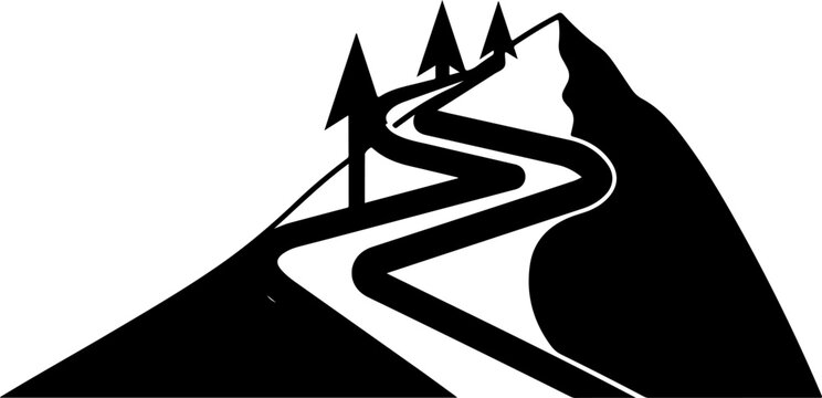 Black mountain road, winding path, tree silhouette, vector landscape