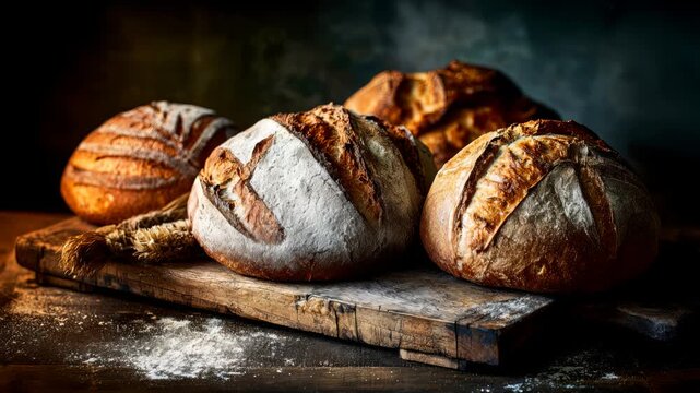 Freshly baked round loaves of bread with golden crusts and visible scoring, arranged on a rustic wooden board with flour scattered around in a warm kitchen setting