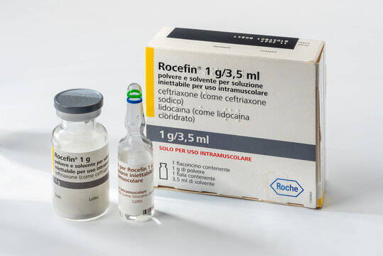 Italy &ndash; March 24, 2026: Rocefin Roche 1 g/3.5 ml  a ceftriaxone-based antibiotic for intramuscular use. Package containing a vial of the drug and a vial of solvent with lidocaine