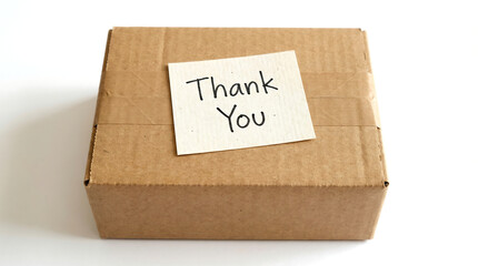 The Thank You Package: A neatly sealed cardboard box with a handwritten Thank You note, representing a thoughtful gesture in sending goods, expressing gratitude.