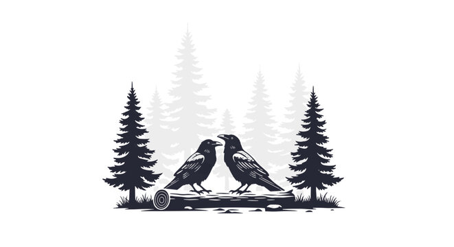 Two Crows Standing on a Log in a Forest Scene