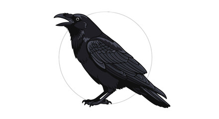 Fototapeta premium Black Raven Bird with Open Beak on White Circle Background Illustration