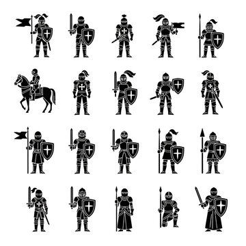 Set of Black and White Silhouette Icons Representing Medieval Knights, Warriors, and Crusaders with Swords, Shields, and Spears