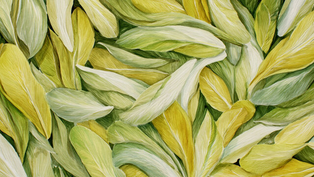 Hand-painted watercolor illustration of endive leaves in full frame composition, dense overlapping elongated leaves with pale green tones and smooth texture, ideal for food background.