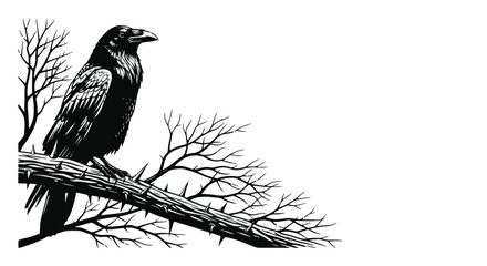 Fototapeta premium Black Raven Sitting on Thorny Branch Detailed Illustration