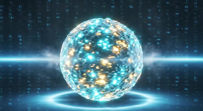 Multicolored Glowing Orbs Collide and Merge on Binary Code Backdrop