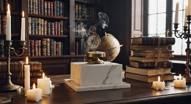 Vintage brass compass on marble block in candlelit library study