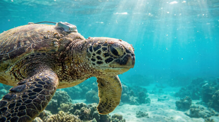 Fototapeta premium Green sea turtle swimming gracefully underwater, surrounded by coral reefs and illuminated by sunlight filtering through the water surface