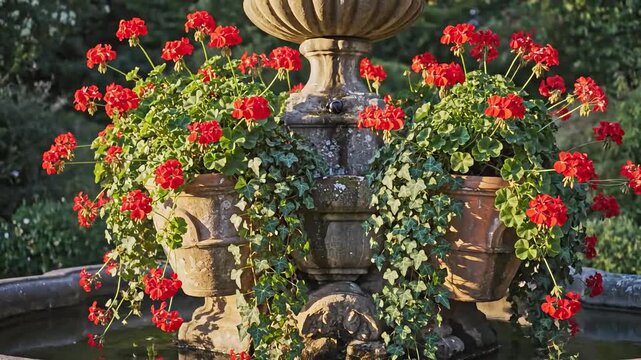 Sunlit stone garden fountain with trailing ivy and red geranium blooms