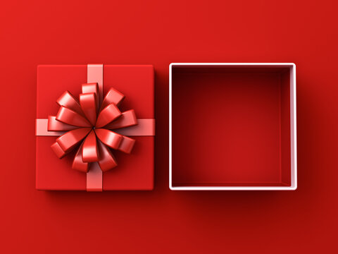 Blank red gift box open or top view of red present box tied with red ribbon bow isolated on dark red background with shadow minimal conceptual 3D rendering