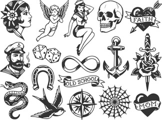 Vintage American Traditional Tattoo Flash Vector Elements Set © Prokash