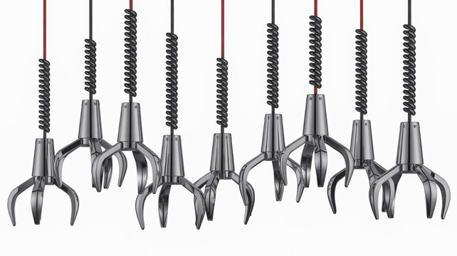 A row of metal claws with springs on a white background