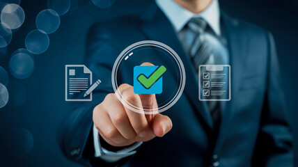 Obraz premium Businessman interacting with digital checklist icons
