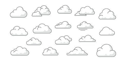 Cloud icon set vector cartoon sky illustrations fluffy weather symbols white background flat design graphic assets packs © Laptop