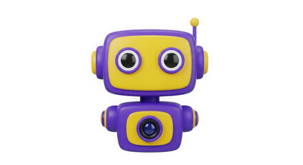 Obraz premium A cute purple and yellow robot character with large eyes and a small antenna for communication isolated on transparent background