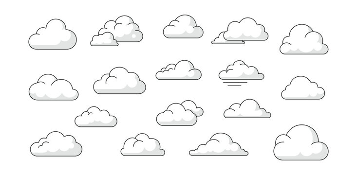 Cloud icon set vector cartoon sky illustrations fluffy weather symbols white background flat design graphic assets packs