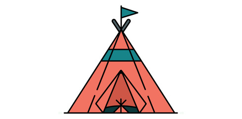 Coral and teal teepee vector illustration showing a wigwam tent with flag for camping adventure and outdoor travel icons © Laptop
