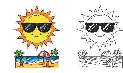 Cute summer sun character with sunglasses over a tropical beach scene, coloring page and colorful vector illustration. © MstTabassum