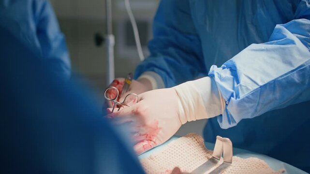 Medium shot of unrecognizable surgeon performing operation, using scalpel and forceps