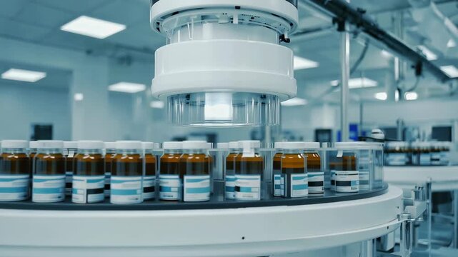 Pharmaceutical manufacturing with automated machine filling brown glass medicine bottles in modern factory