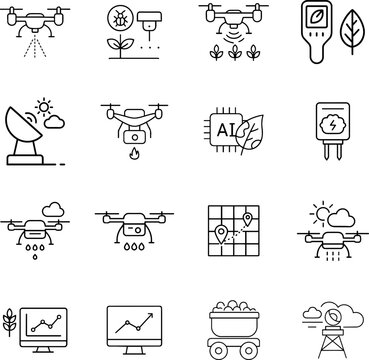 Agricultural technology icons featuring drones and smart farming tools